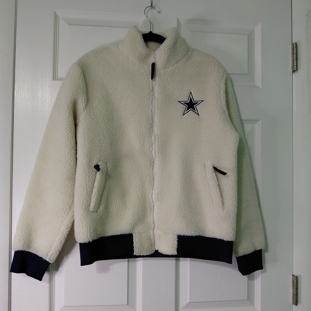 NFL Dallas Cowboys Sherpa Fleece Jacket Mens Small Cream Navy Full Zip